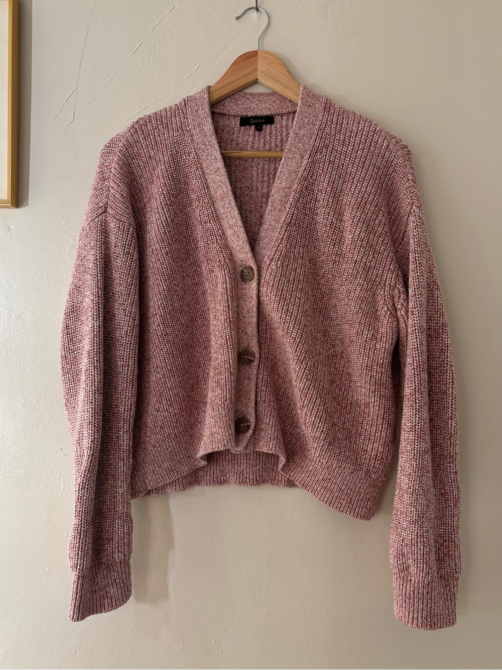 Quince 100% Organic Cotton Fisherman Boxy Cropped Cardigan Small Marled Rose